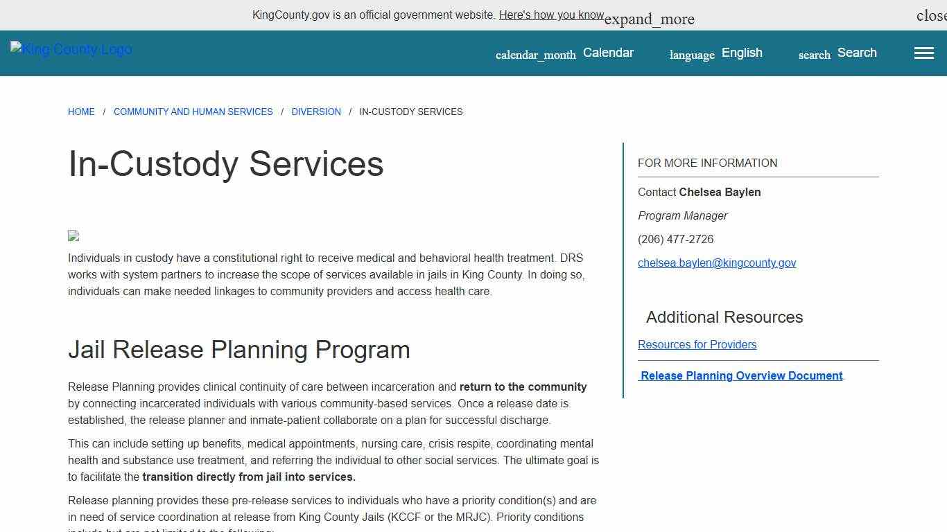 In-Custody Services - King County, Washington