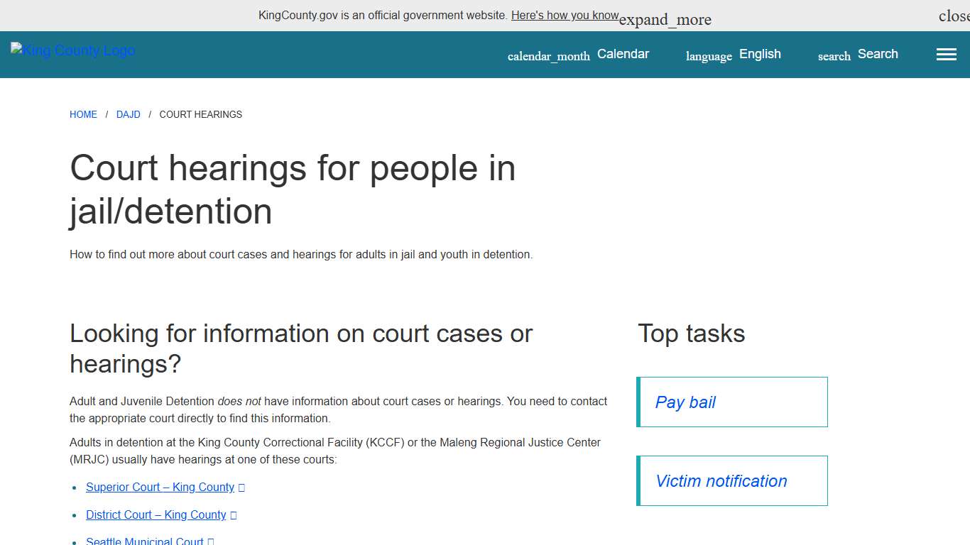 Court hearings for people in jail/detention - King County, Washington